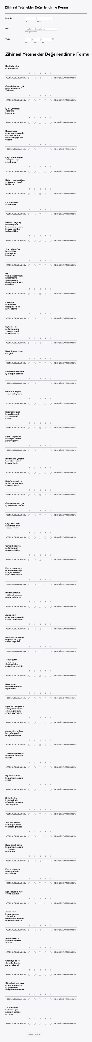 Zihinsel Yetenekler Değerlendirme Form Template