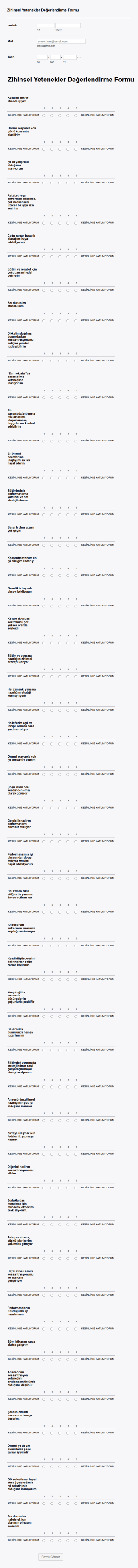 Zihinsel Yetenekler Değerlendirme Form Şablonu