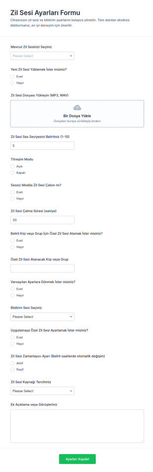 Zil Tonu Ayarları Form Şablonu