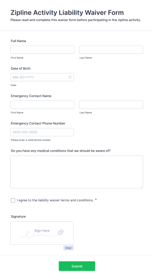 Zipline Activity Liability Waiver Form Template