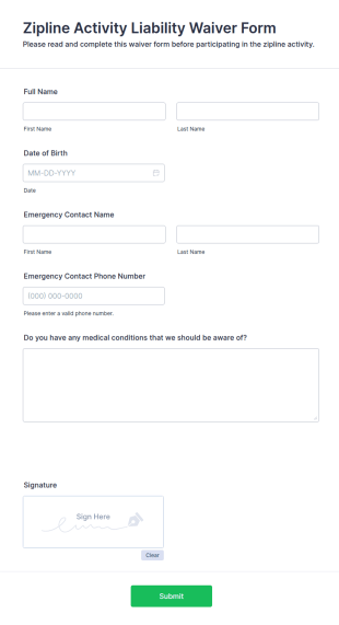 Zipline Activity Liability Waiver Form Template