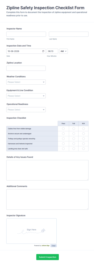 Zipline Safety Inspection Checklist Form Template