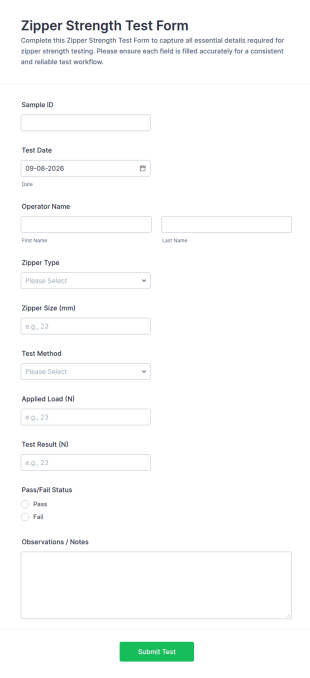 Zipper Strength Test Form Template