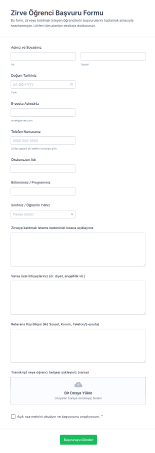 Zirve Öğrenci Başvuru Form Şablonu