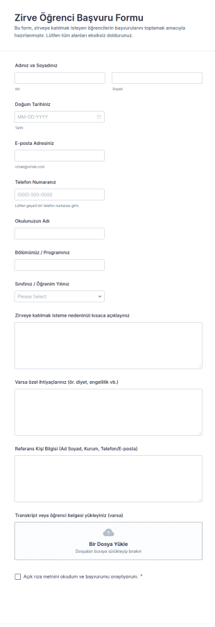 Zirve Öğrenci Başvuru Form Şablonu