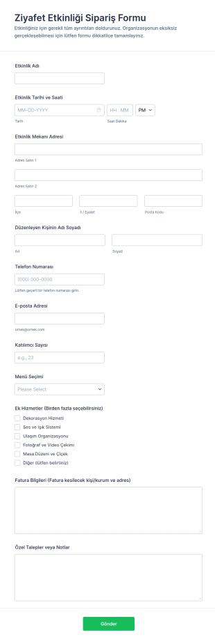 Ziyafet Etkinliği Sipariş Form Şablonu