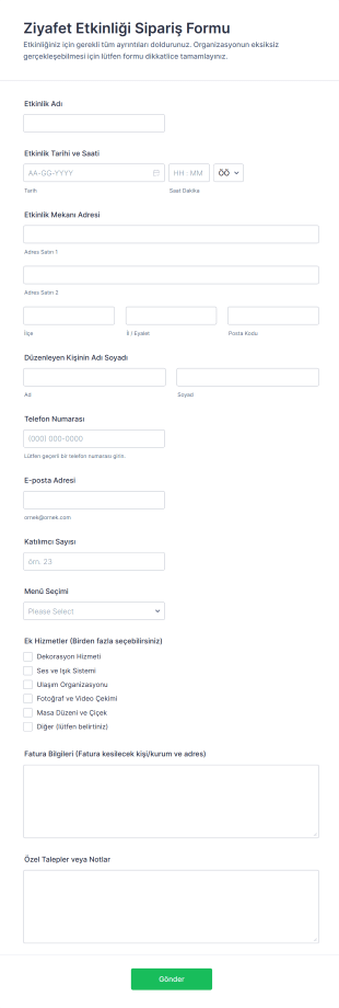 Ziyafet Etkinliği Sipariş Form Şablonu
