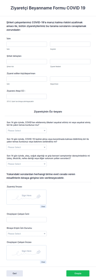 Ziyaretçi Beyanname Formu COVID 19 Form Şablonu