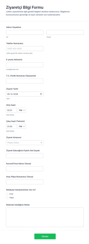Ziyaretçi Bilgi Form Şablonu