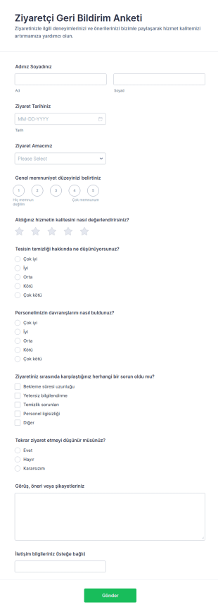 Ziyaretçi Geri Bildirim Anketi Form Şablonu