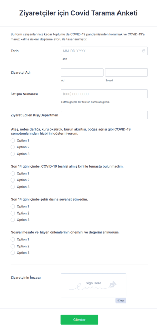 Ziyaretçiler Için Covid Tarama Anketi Form Şablonu