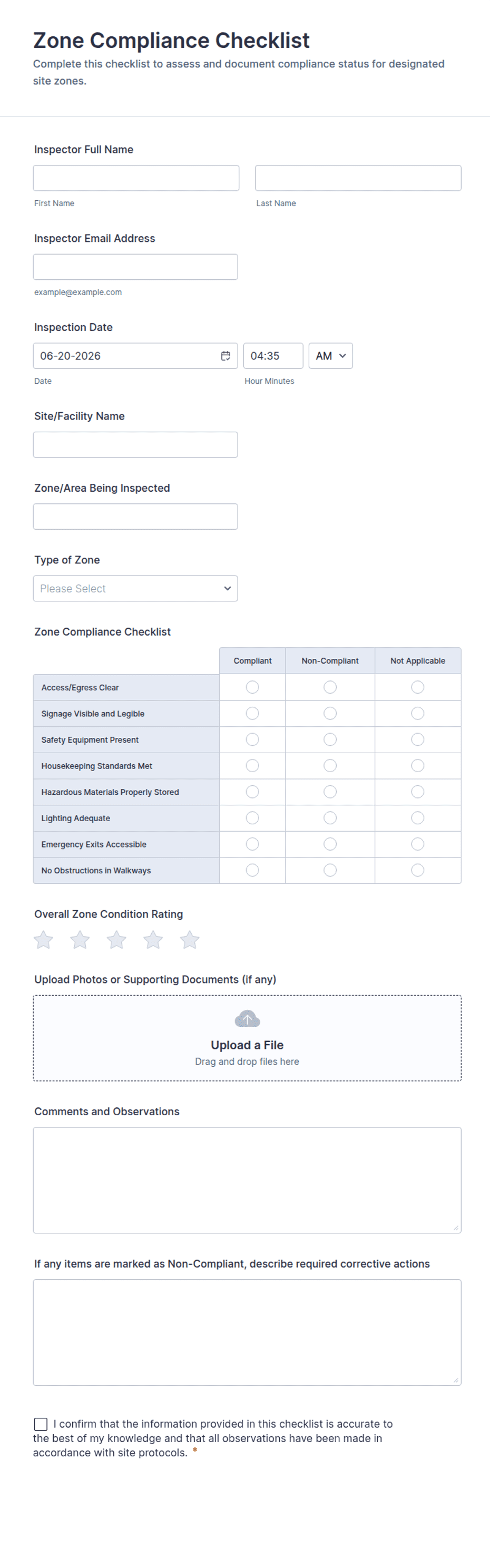 Red Zone Compliance Module Zone Compliance Checklist Form Template | Jotform