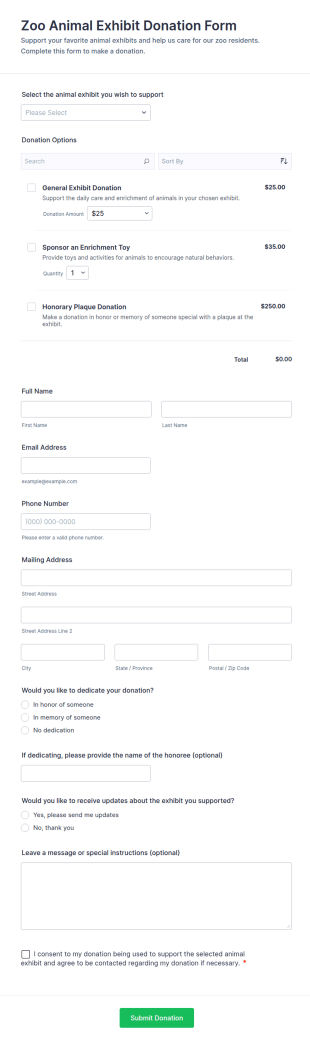 Zoo Animal Exhibit Donation Form Template