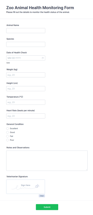 Zoo Animal Health Monitoring Form Template