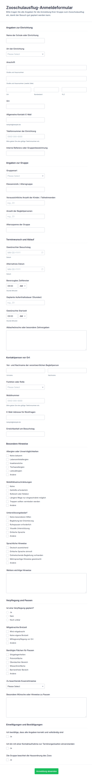 Zoo Ausflug Anmeldeformular