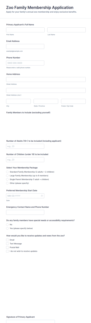 Zoo Family Membership Application Form Template