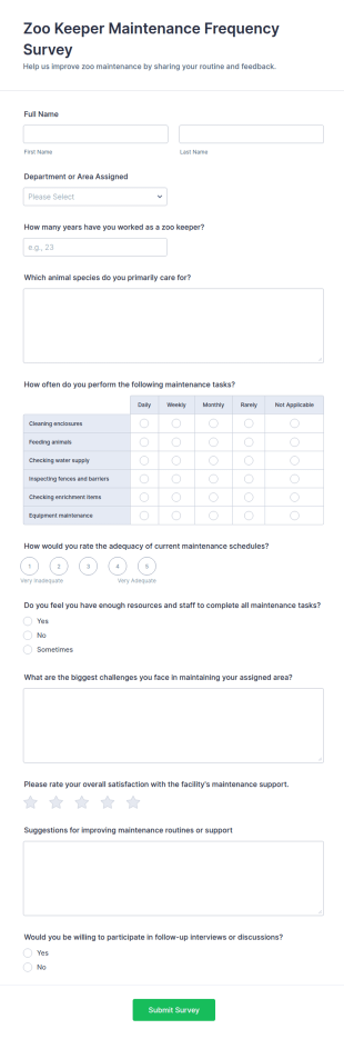 Zoo Keeper Maintenance Frequency Survey Form Template