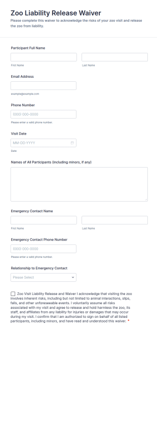 Zoo Liability Release Waiver Form Template