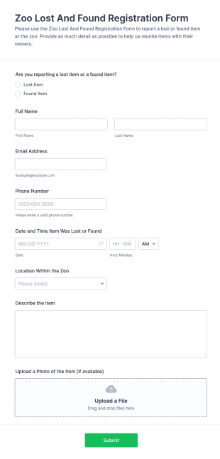 Zoo Lost And Found Registration Form Template