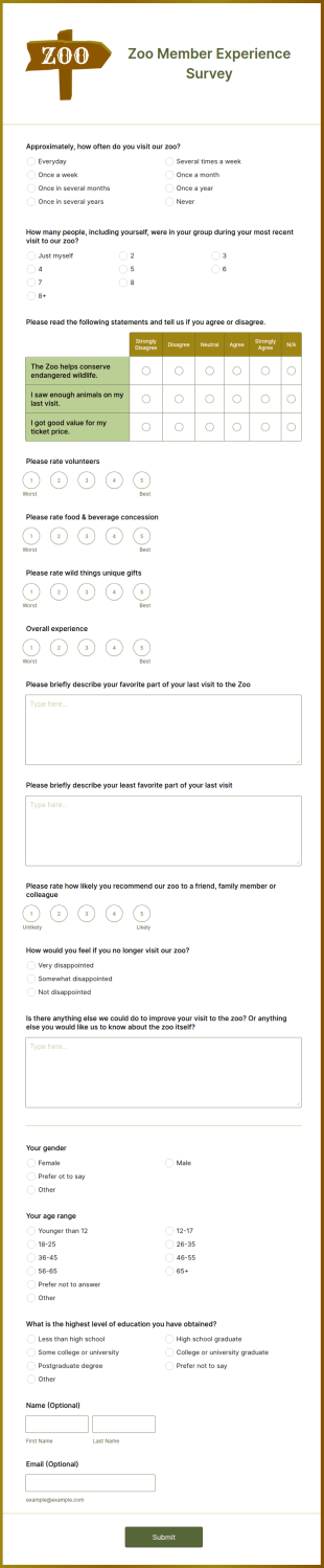 Zoo Member Experience Survey Form Template