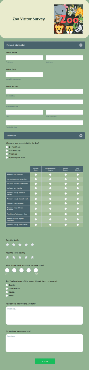 Zoo Visitor Survey Form Template