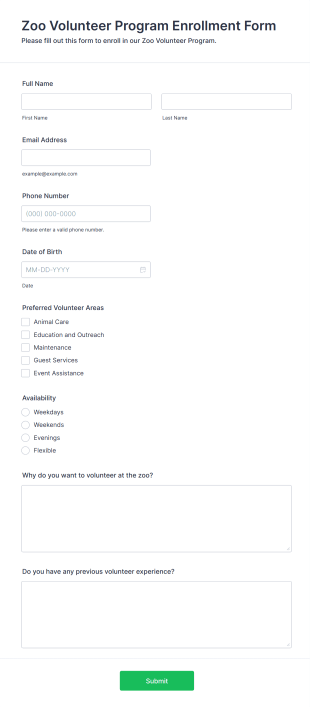 Zoo Volunteer Program Enrollment Form Form Template