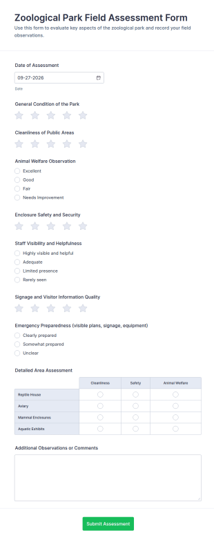 Zoological Park Field Assessment Form Template