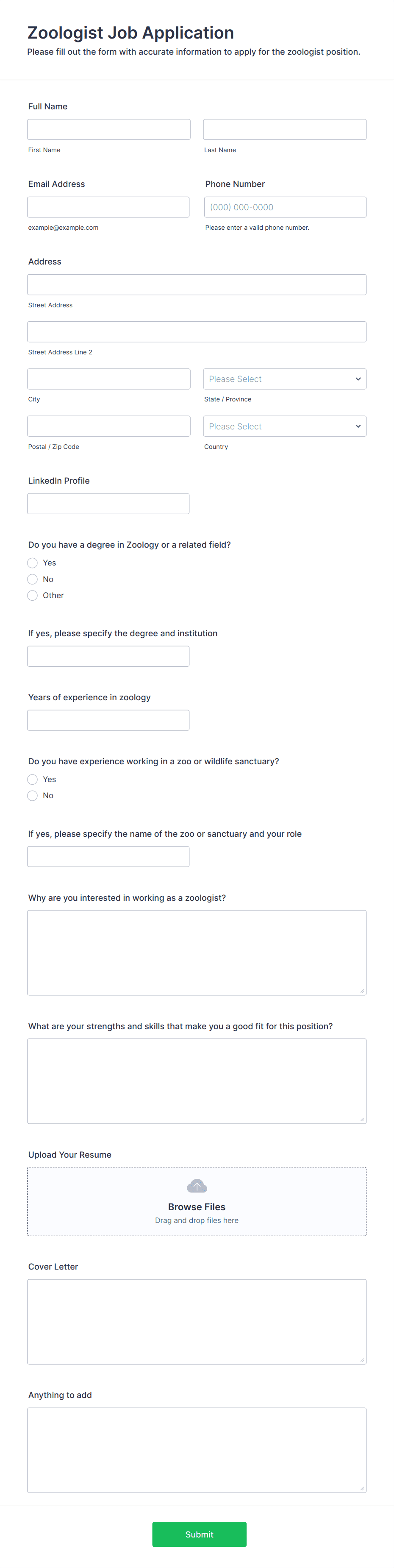 Zoologist Job Application Form Template Jotform