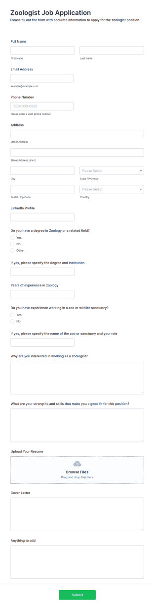 Zoologist Job Application Form Template