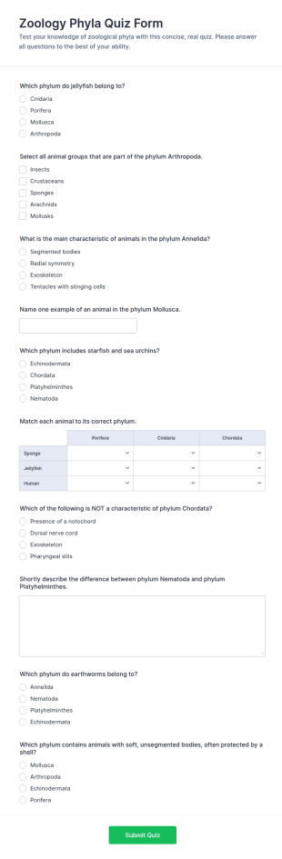 Zoology Phyla Quiz Form Template