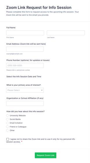 Zoom Link Request For Info Session Form Template