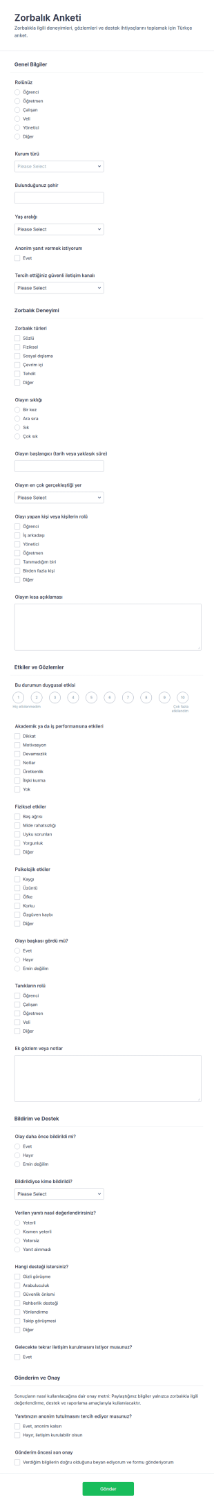Zorbalık Anketi Form Şablonu
