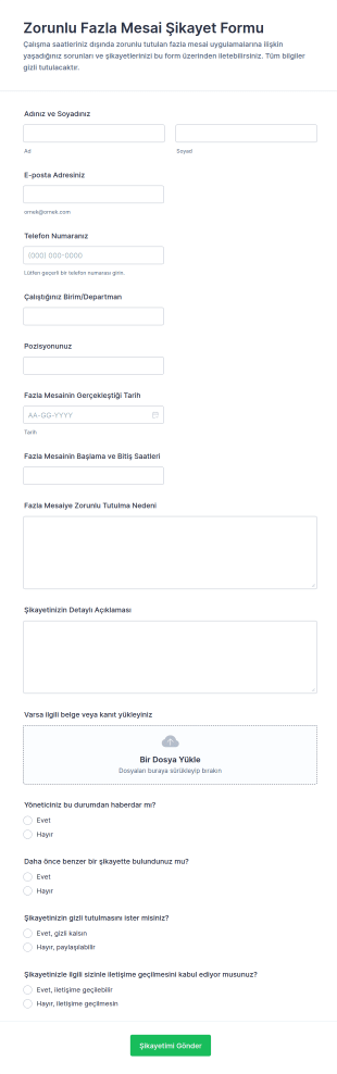 Zorunlu Fazla Mesai Şikayet Form Şablonu
