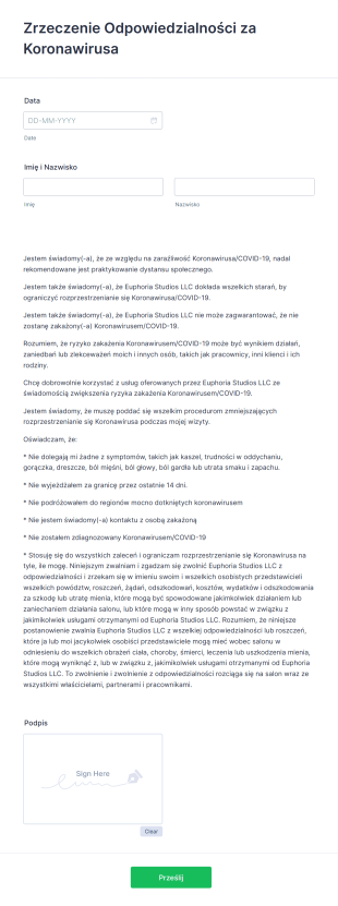 Zrzeczenie Odpowiedzialności Za Koronawirusa Form Template