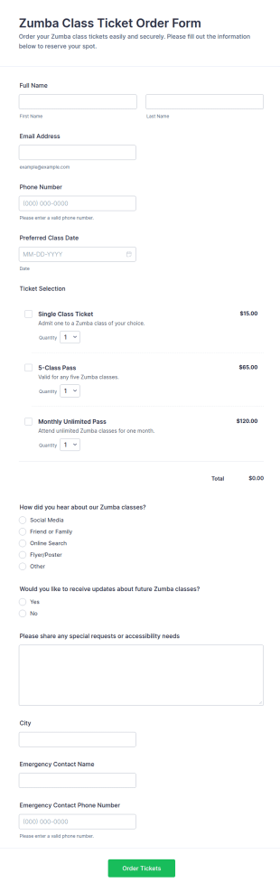 Zumba Class Ticket Order Form Template