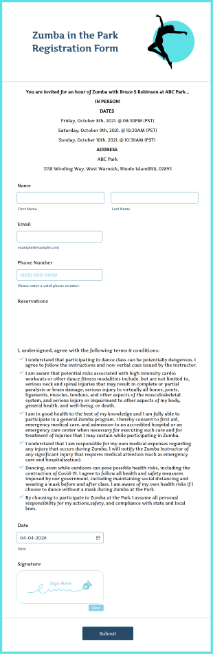 Zumba In The Park Registration Form Template
