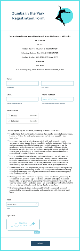 Zumba In The Park Registration Form Template