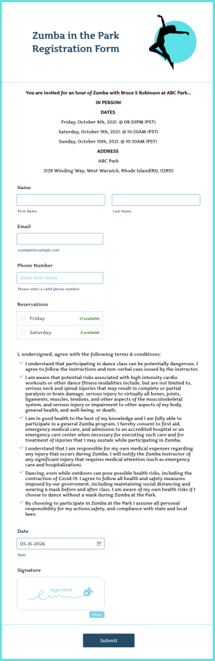 Zumba In The Park Registration Form Template