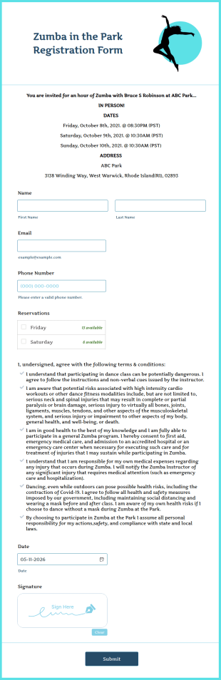 Zumba In The Park Registration Form Template