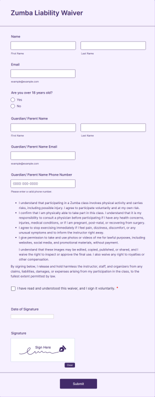Zumba Liability Waiver Form Template