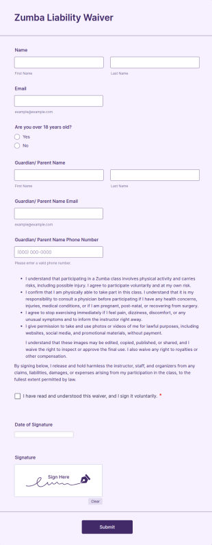 Zumba Liability Waiver Form Template