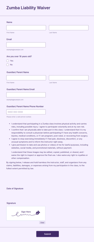 Zumba Liability Waiver Form Template