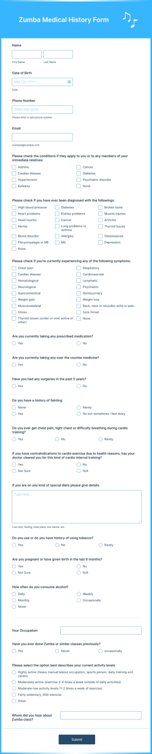 Zumba Medical History Form Template