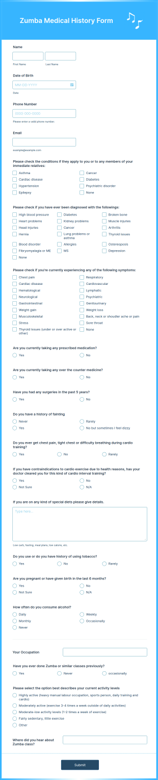 Zumba Medical History Form Template