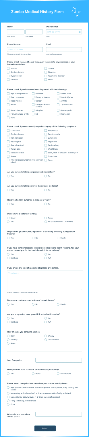 Zumba Medical History Form Template