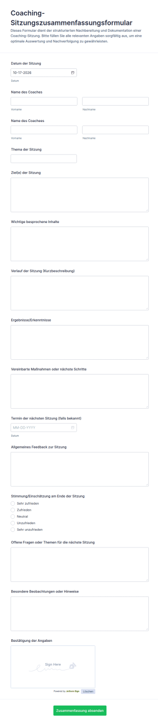 Zusammenfassung Der Coaching Sitzung Form