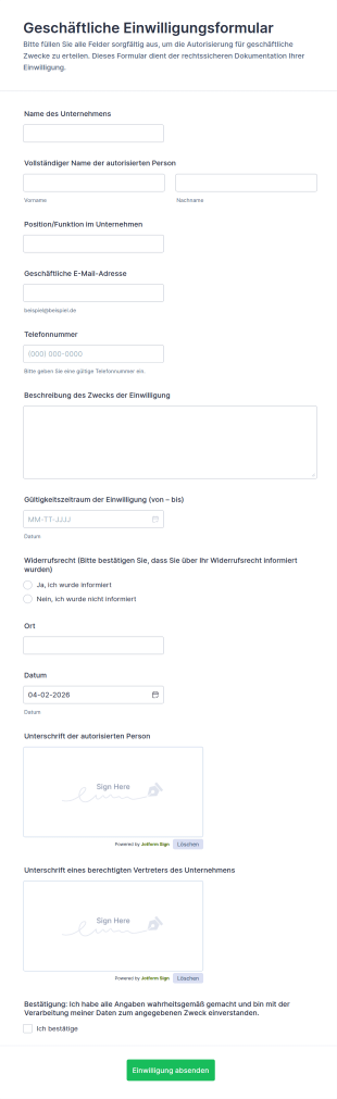 Zustimmungserklärung Für Geschäftstätigkeiten Formular