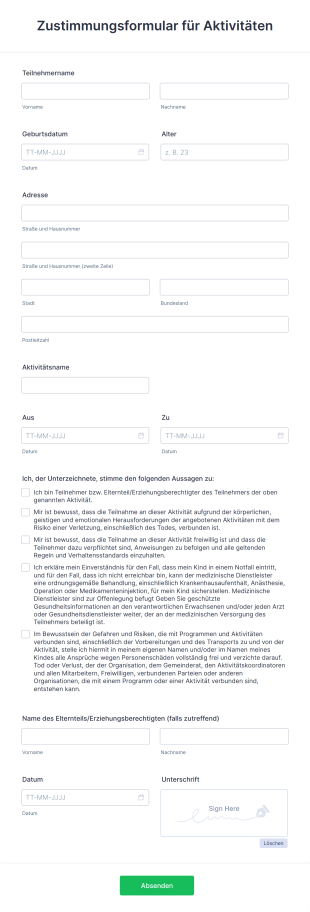 Zustimmungsformular Für Aktivitäten Form Template