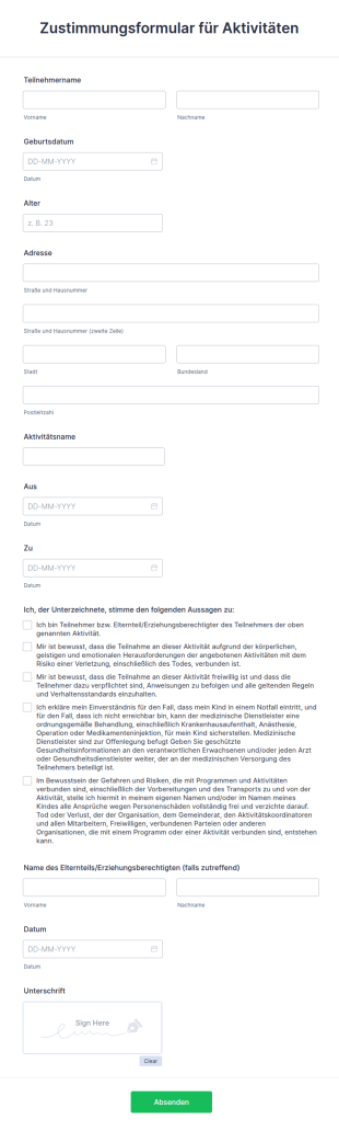 Zustimmungsformular Für Aktivitäten