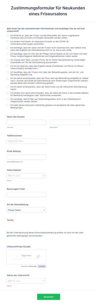 Zustimmungsformular Für Neukunden Eines Friseursalons